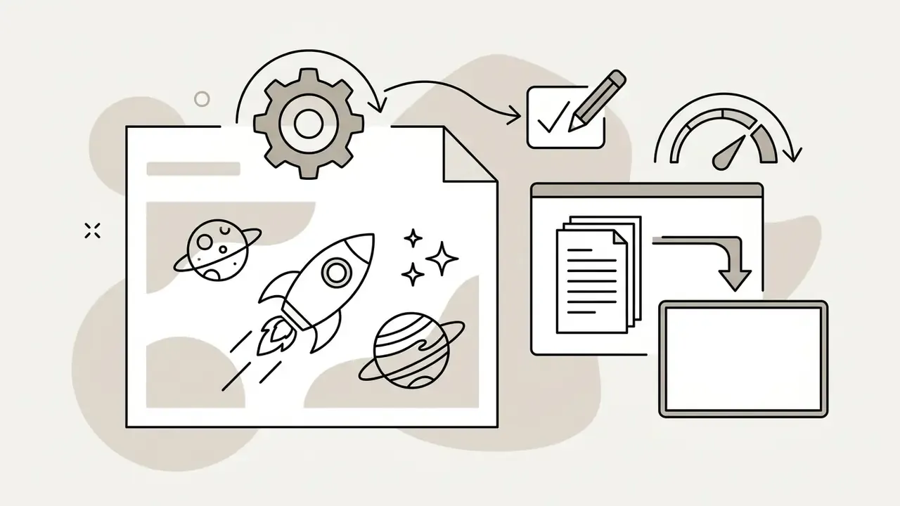 Rocket and planets coloring page processing through a gear icon to a document export and performance gauge