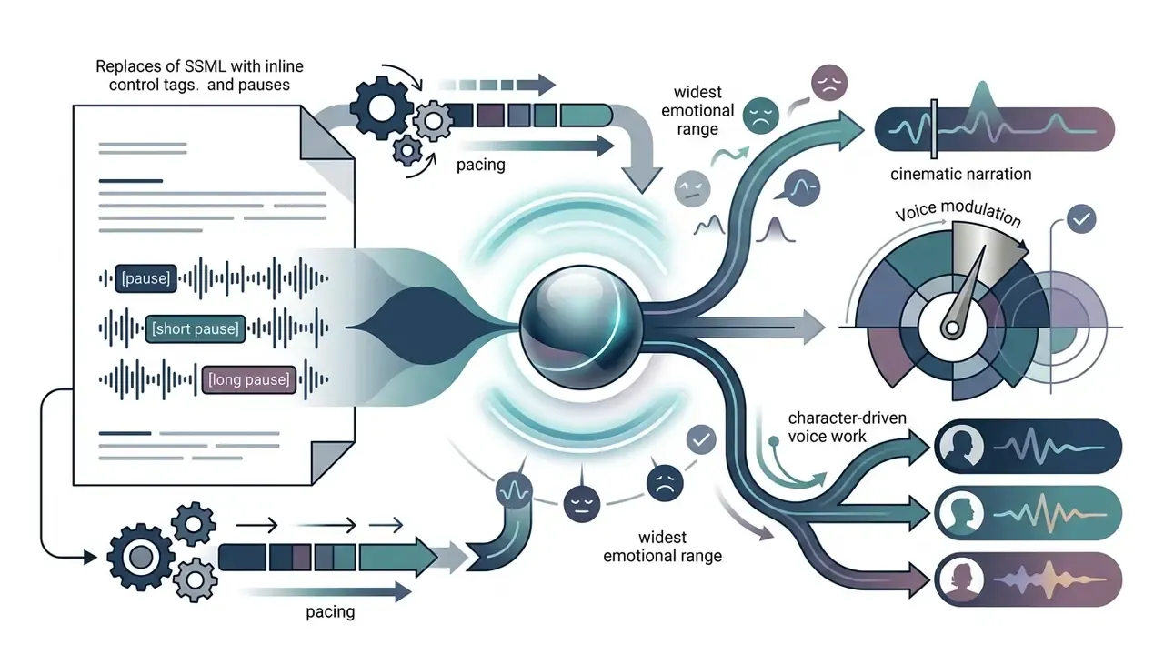 Diagram showing text with inline pause tags being processed into cinematic narration and character voices