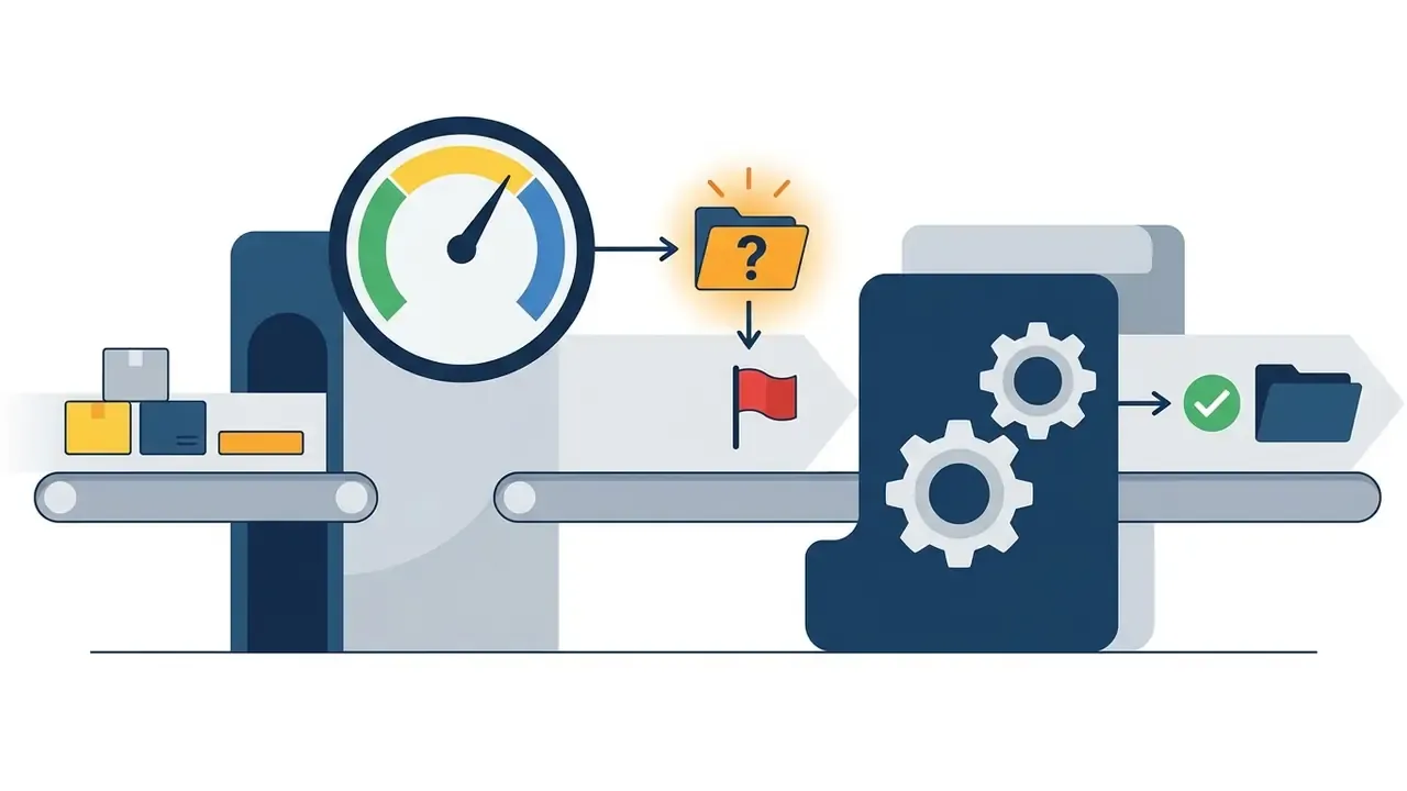 Gauge directing a folder to a red flag for manual review before gears process the final output