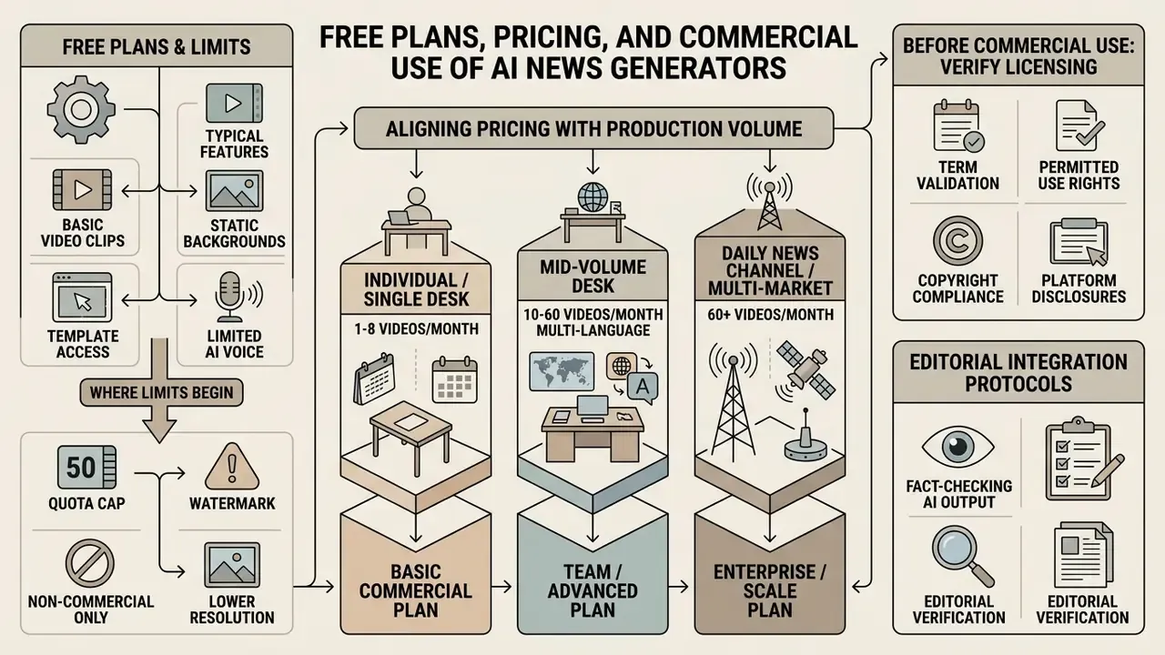 Infographic mapping AI news generator pricing tiers against production volume and commercial requirements