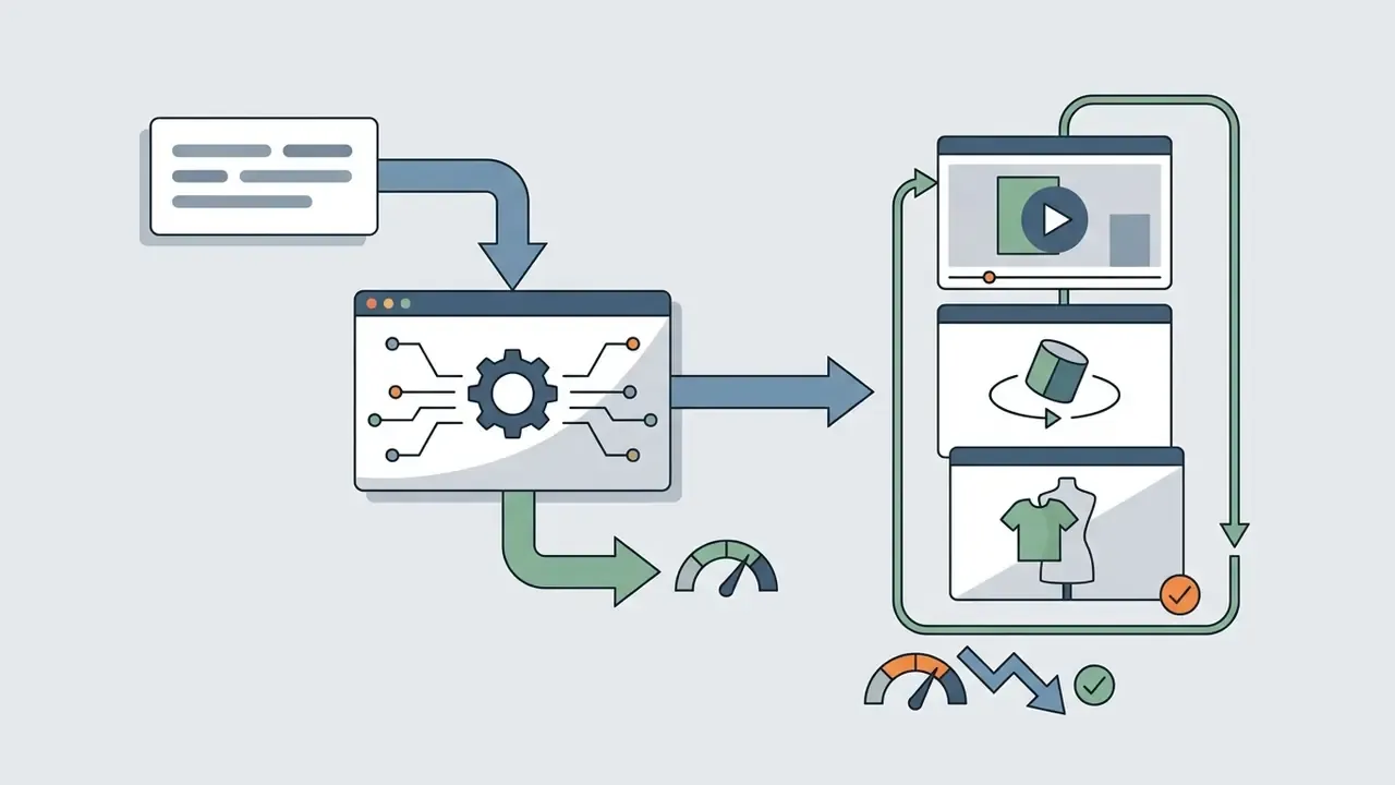 Text input feeding a processing engine that generates product video showcases and 360-degree animations