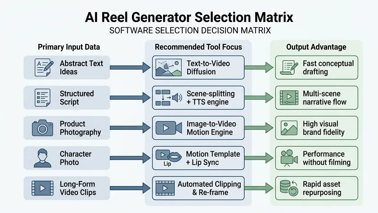 Decision matrix mapping primary input data to recommended tool focus and resulting output advantages