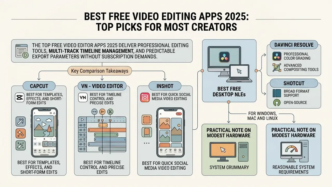 Comparison infographic highlighting top free video editing apps for mobile and desktop platforms