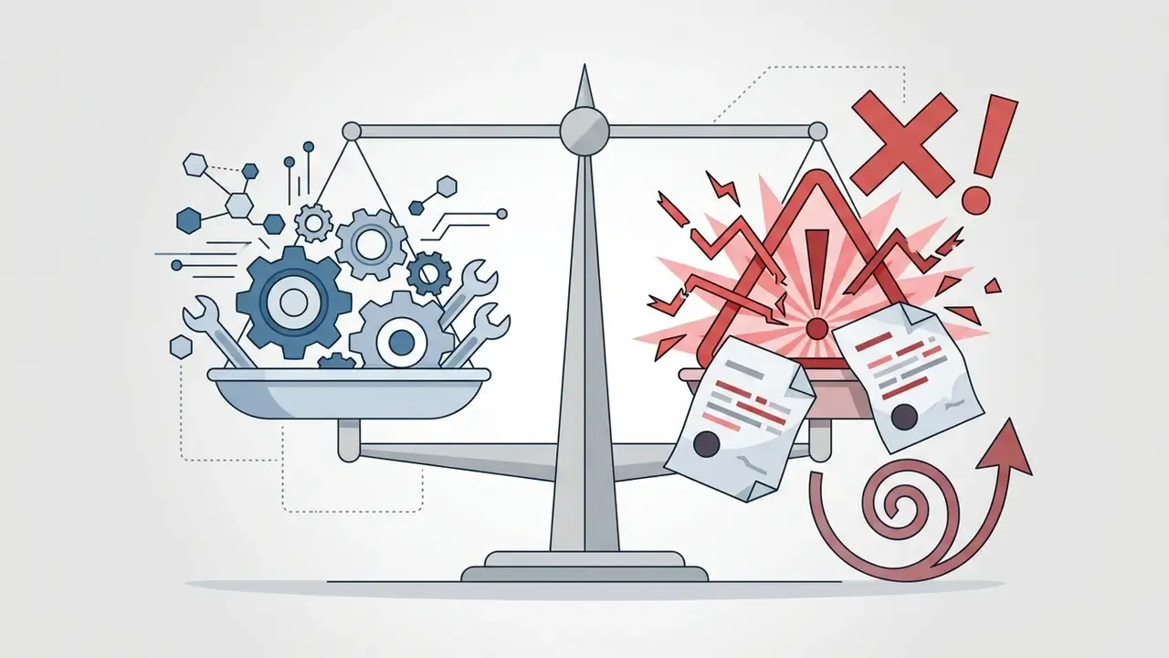 Balance scale weighing mechanical gears against broken documents and a warning symbol
