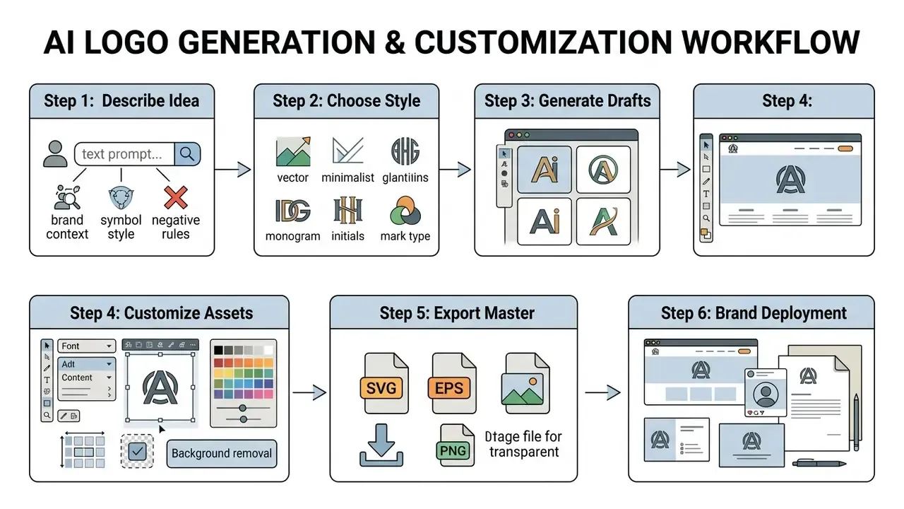 Six-step diagram showing the progression from initial text prompts to final brand asset deployment