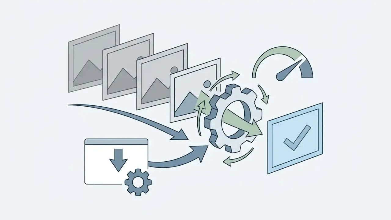 Multiple images moving through a gear mechanism and speed gauge to become a processed file