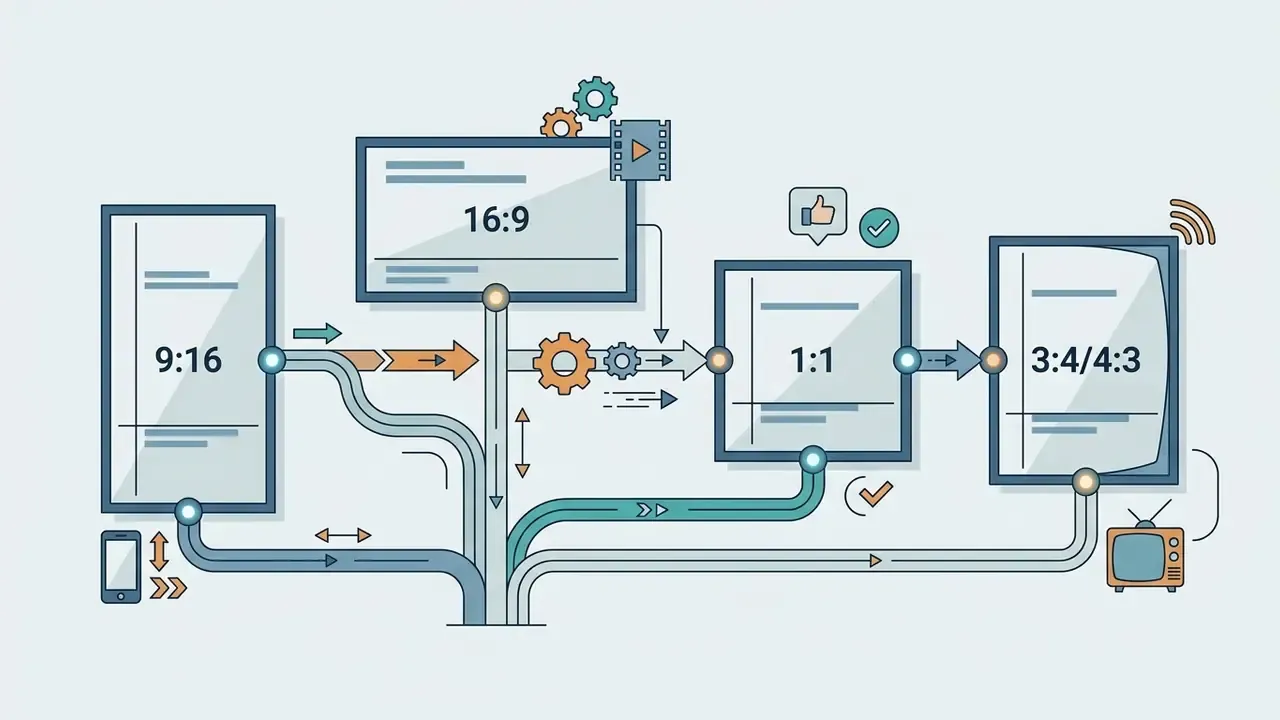 Diagram showing various digital aspect ratios connected by flow lines and icons for media output