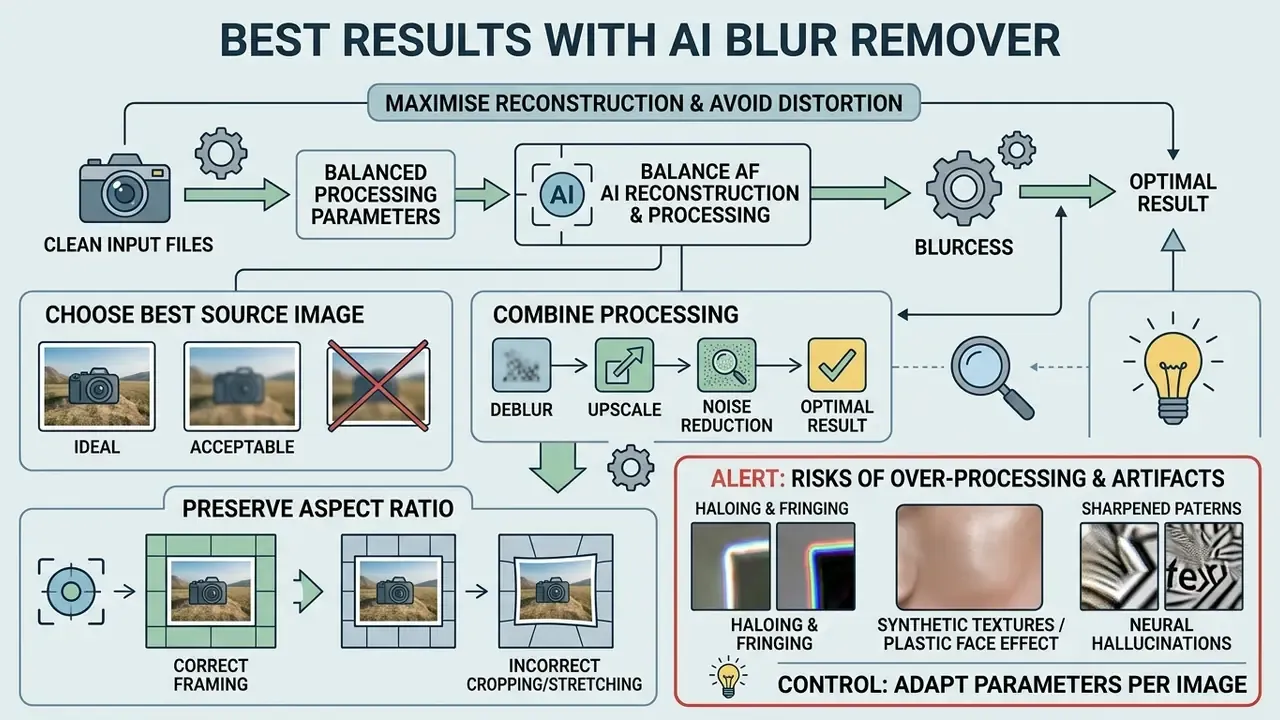 Flowchart detailing steps for high quality AI image restoration while avoiding common processing artifacts