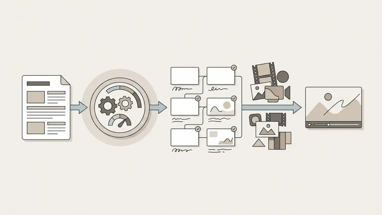 Document content processed through a central engine into storyboard scenes and media assets for video