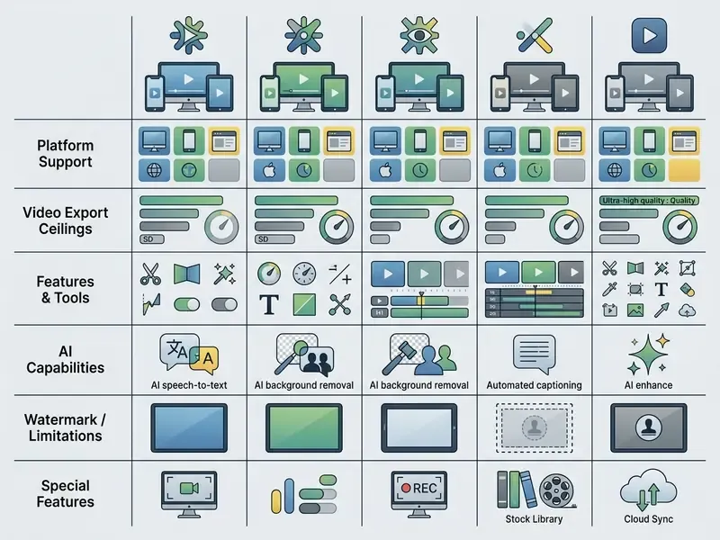 Comparison matrix table evaluating platform support, features, and AI tools for five video editing apps