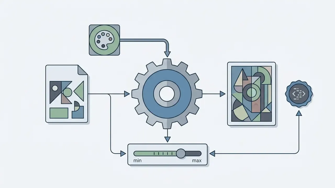Central gear icon connecting a reference image, style palette, and strength slider to a final output