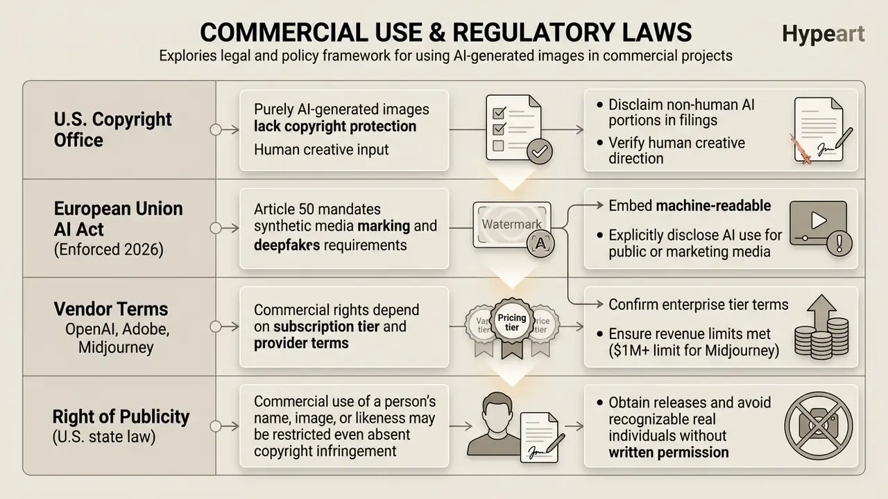 Comparison chart detailing legal and regulatory requirements for using synthetic media in commercial projects