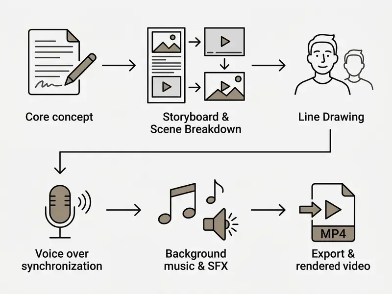 Flowchart showing the six steps of creating a whiteboard animation from concept to final MP4 video export