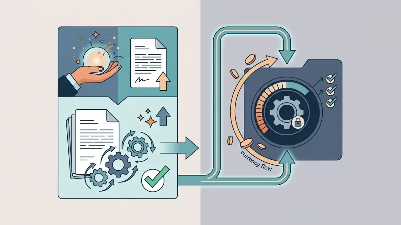Hand holding a glowing orb and documents feeding into a gear system linked to a currency flow folder