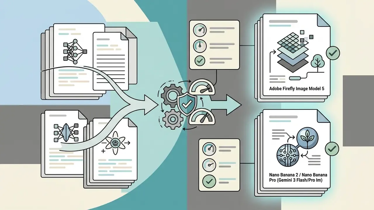 Technical documents flowing through a central gear and shield mechanism into model versioning reports