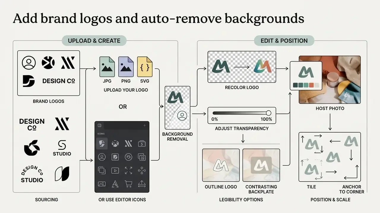 Flowchart detailing the process of uploading, removing backgrounds, and positioning logos on photos
