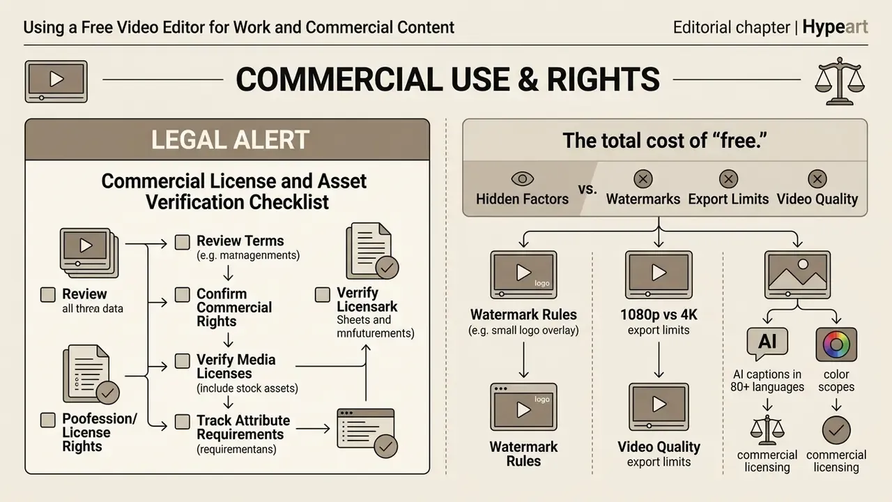 Infographic outlining commercial licensing checklists and hidden costs of using a free video editor
