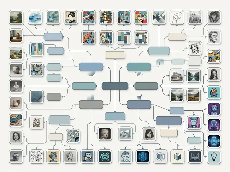 Branching mind map connecting a central node to diverse artistic style icons and empty label boxes