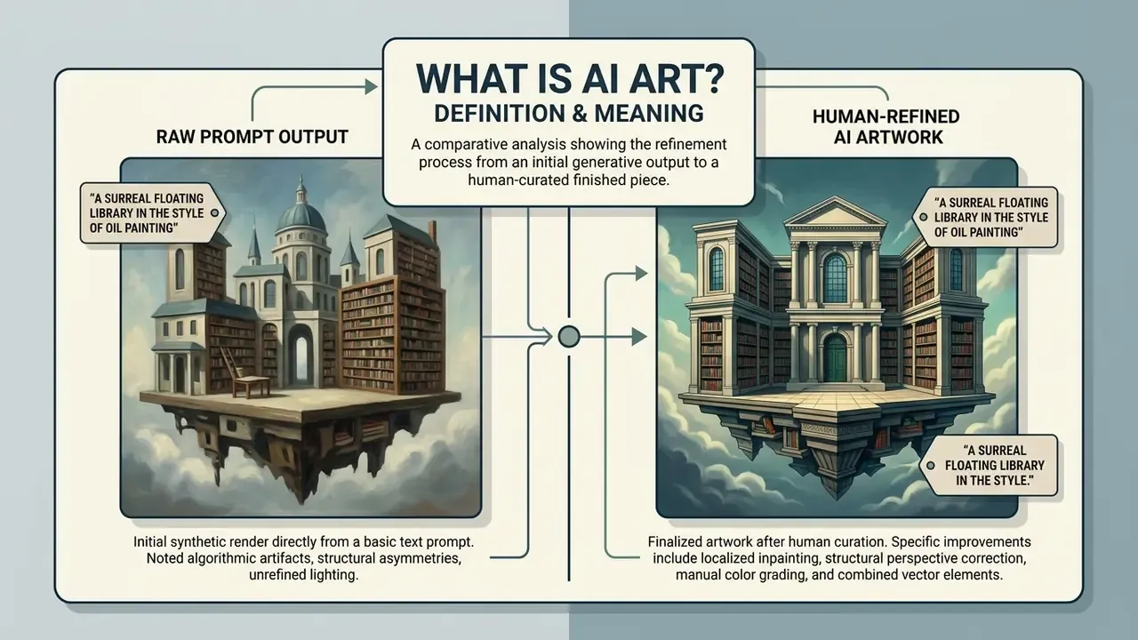 Comparison of a raw AI-generated floating library and a human-refined version with corrected perspective