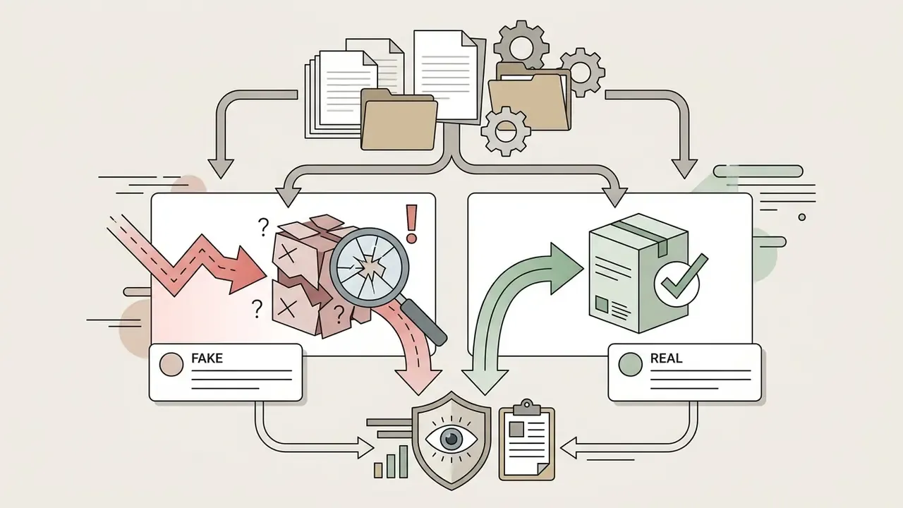 Documents processed by gears into fake or real product categories for forensic review and validation