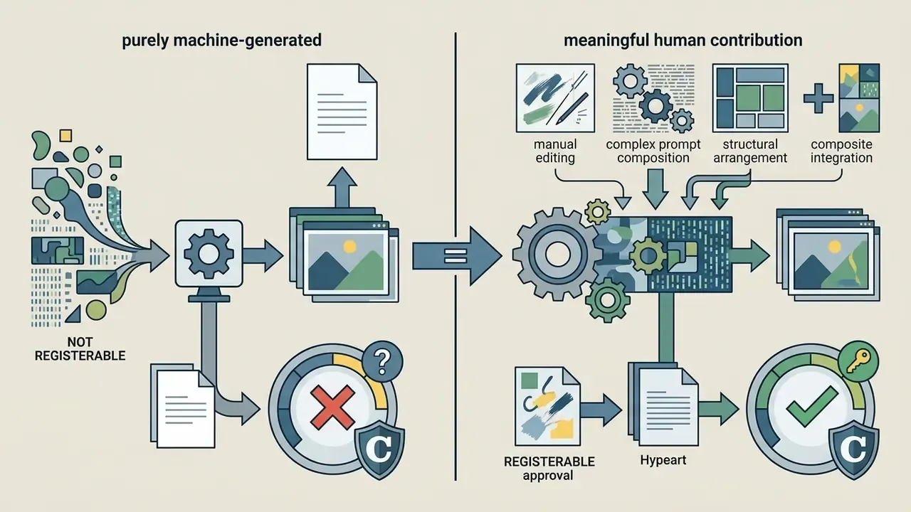 Comparison of machine-generated content versus human-contributed work leading to copyright registration