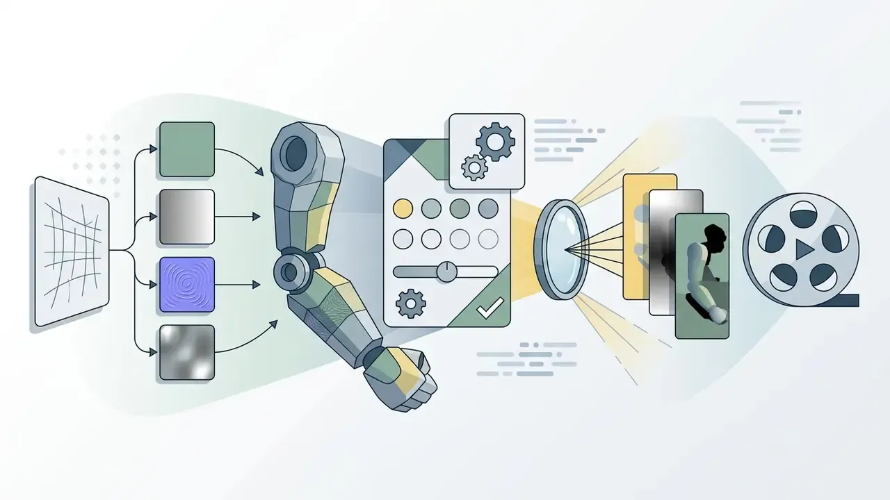 3D mesh and texture maps applied to a robotic arm passing through a digital lens to create a final render