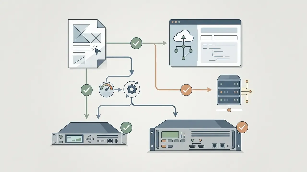 Diagram showing document processing connected to cloud services and physical rack-mounted hardware encoders