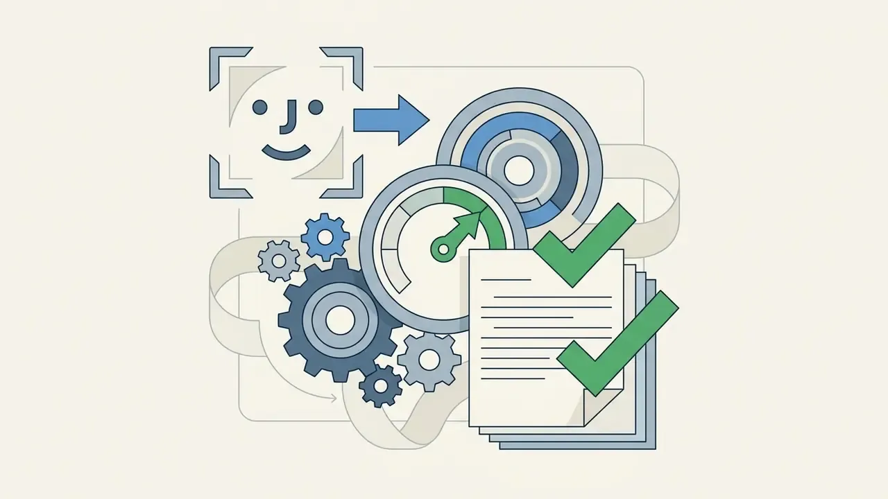 Facial recognition icon feeding into a mechanical processor that outputs verified document files