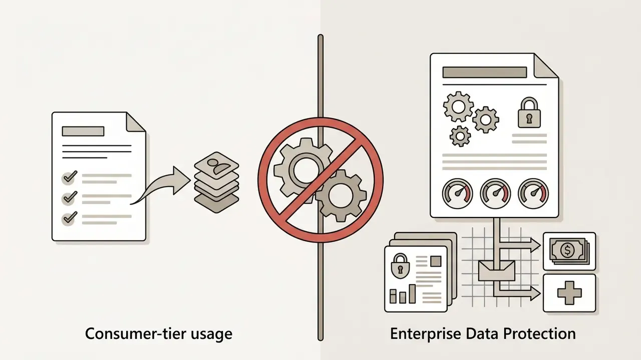 Split view showing consumer service terms on the left and enterprise data protection standards on the right