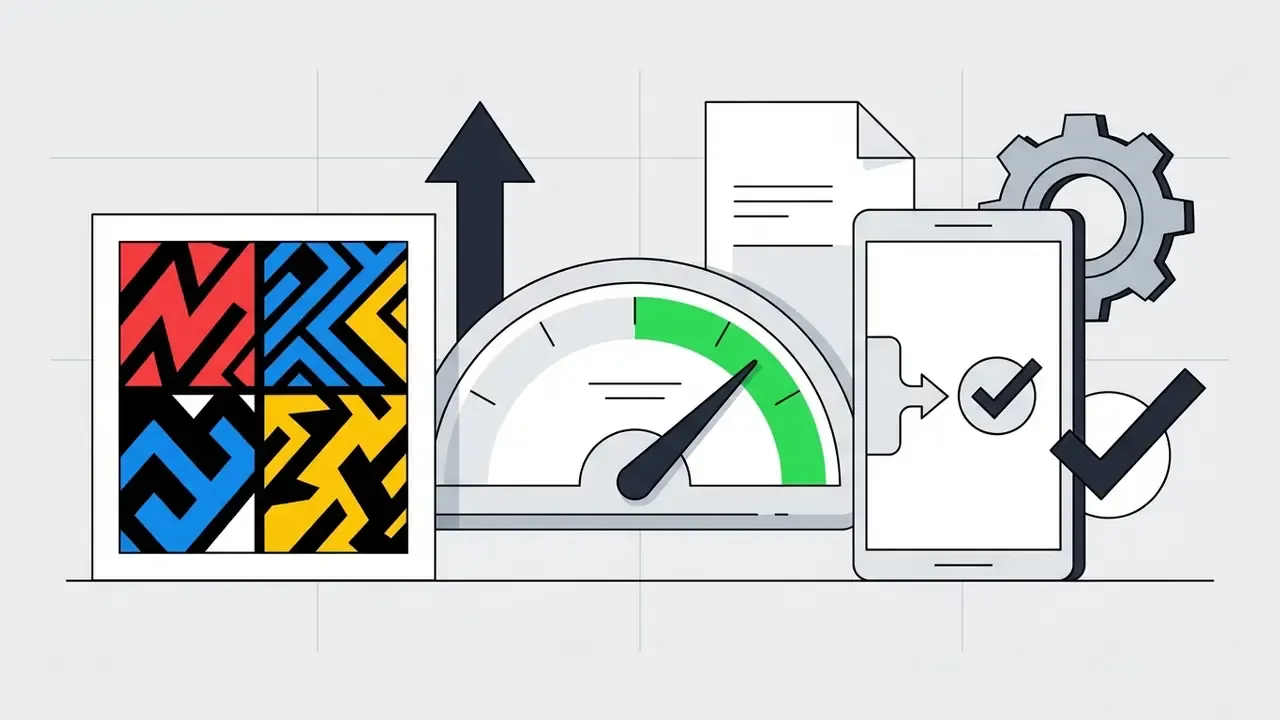 Speedometer and mobile device icons representing optimized thumbnail design for YouTube video editors