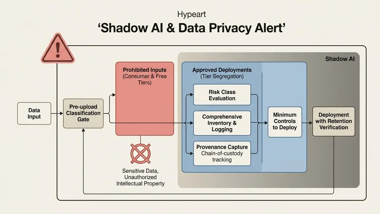 Process map showing data input classification, prohibited use tiers, and required deployment controls