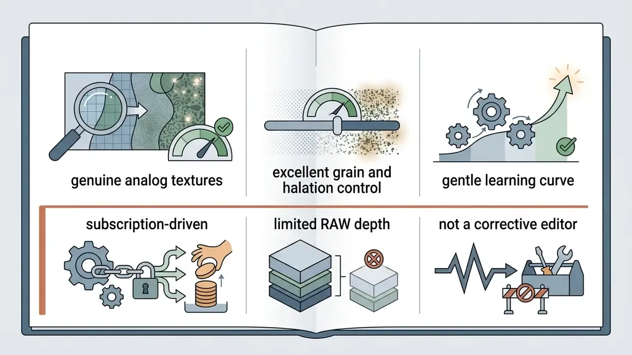 Six panels in an open book illustrating pros and cons of photo editing features with icons and text labels