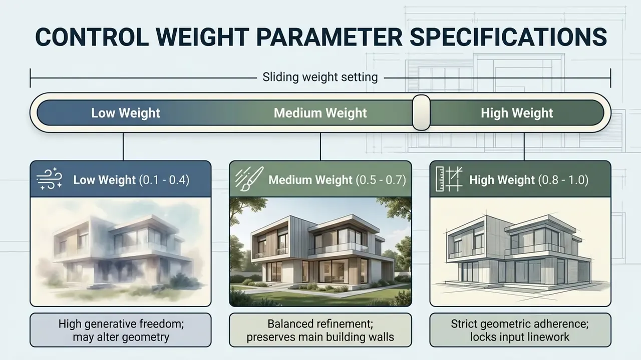 Slider showing how low, medium, and high weight settings impact architectural rendering geometry