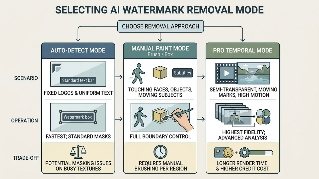 Comparison chart detailing auto-detect, manual paint, and pro temporal modes for AI watermark removal