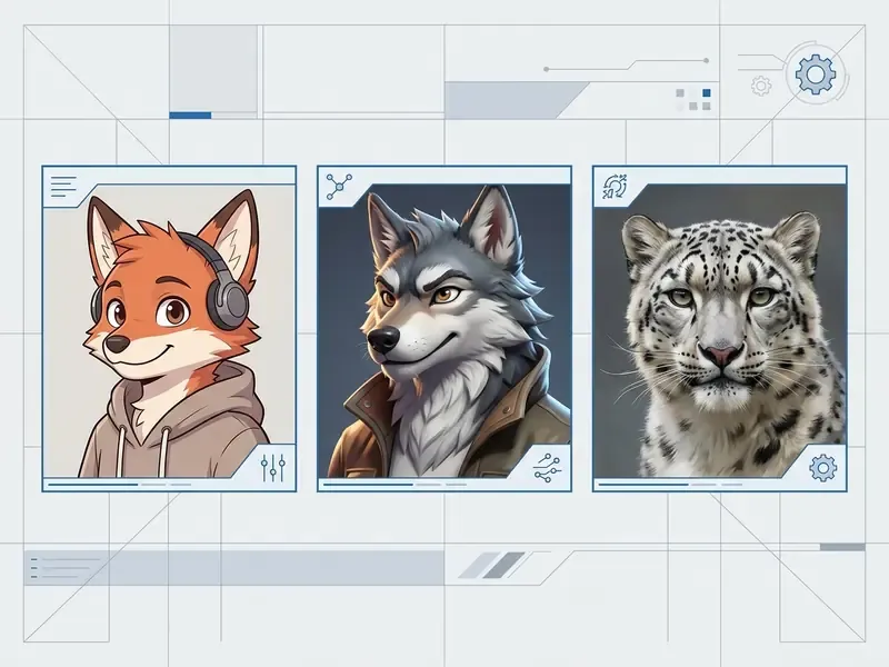 Three square frames displaying a cartoon fox, an anime-style wolf, and a realistic snow leopard portrait
