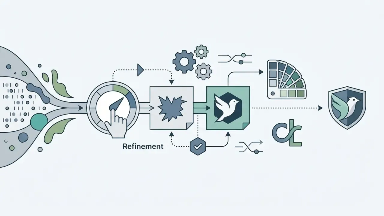 Digital process refining raw data into a polished logo asset through manual adjustments and color selection