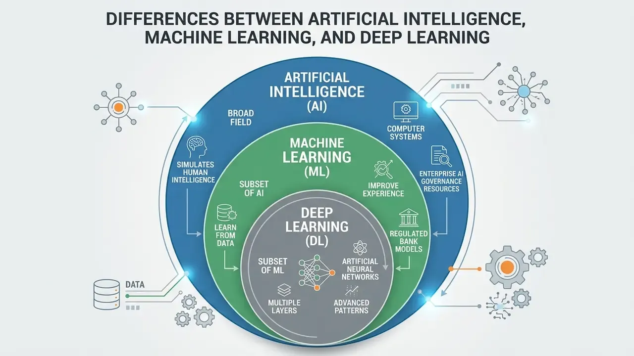 Concentric circles showing deep learning as a subset of machine learning within the field of AI