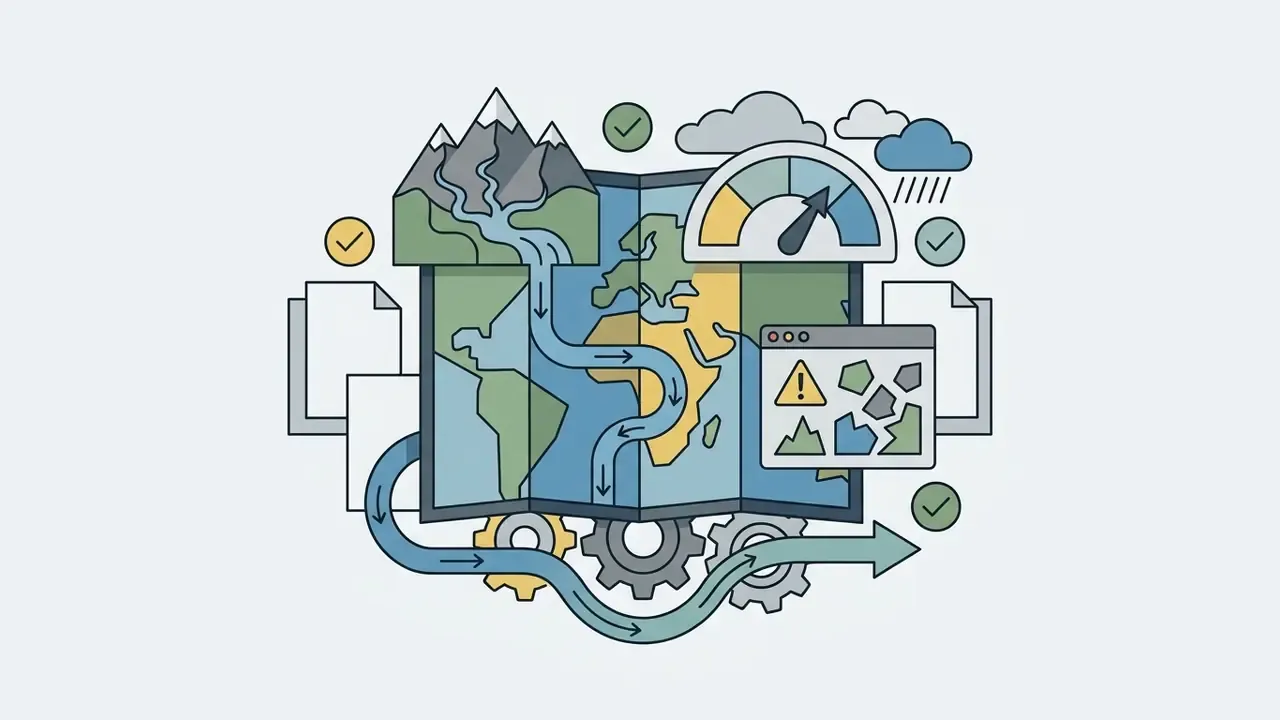 World map with mountain, gear, and weather icons illustrating terrain and environmental hazards