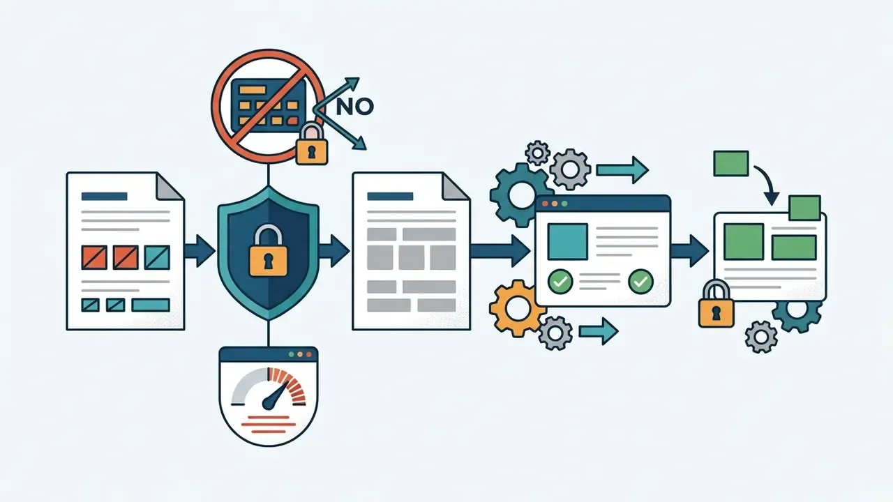 Document icons passing through a security shield and gears to reach a protected final layout