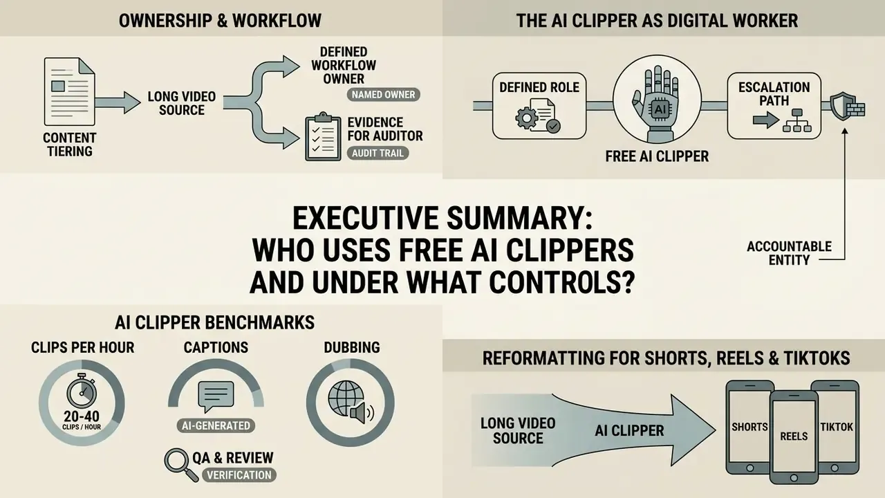Infographic showing workflow, digital worker roles, performance benchmarks, and video reformatting steps