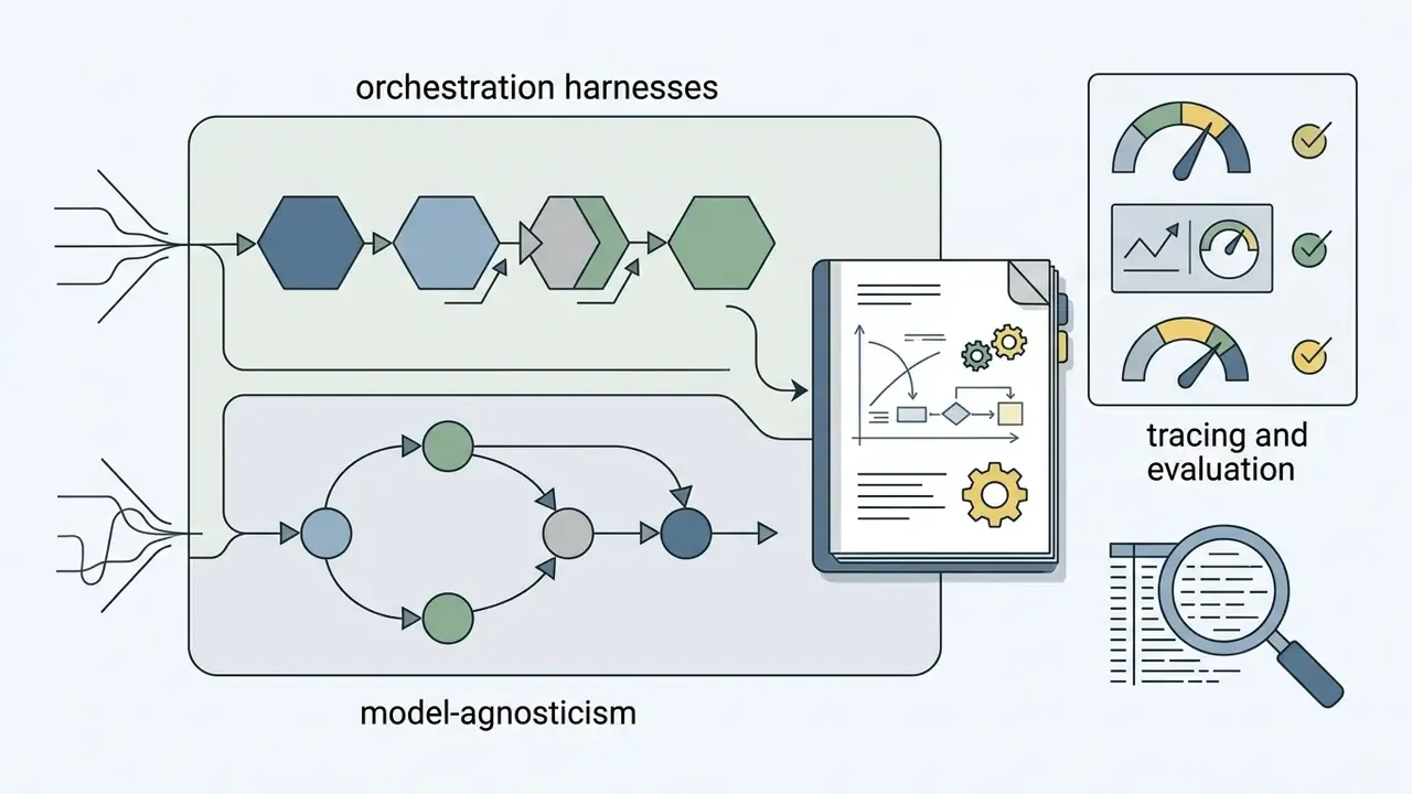 Orchestration harnesses and model-agnostic workflows connecting to evaluation metrics and code analysis