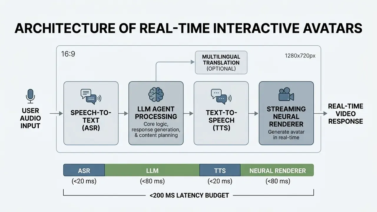 Flowchart showing the technical processing steps and latency budget for real-time interactive avatars
