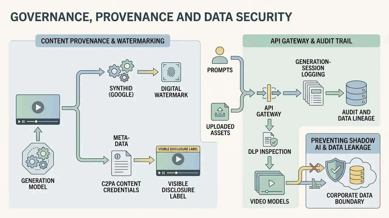 Process flow for video generation model provenance, watermarking, audit trails, and data security controls