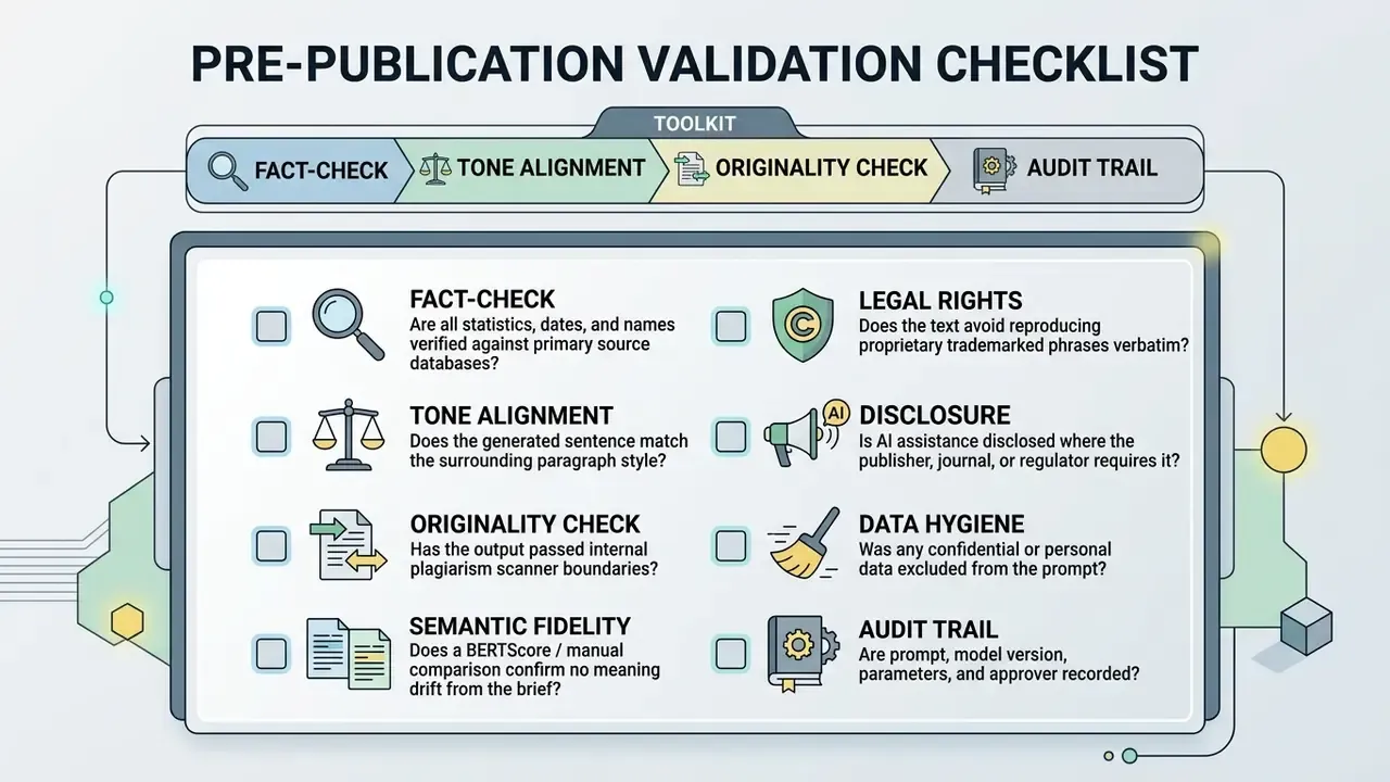 List of eight professional validation tasks with corresponding icons for ensuring content quality and compliance
