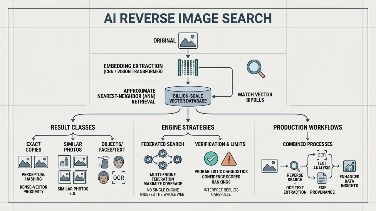 Flowchart detailing AI reverse image search processes including vector databases and production workflows