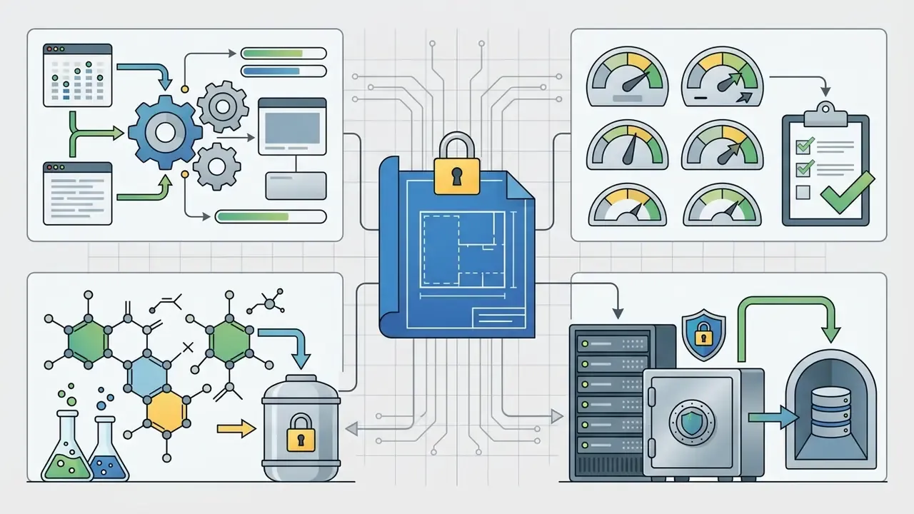 Central blueprint locked by a padlock connected to data processing, chemical formulas, and secure servers