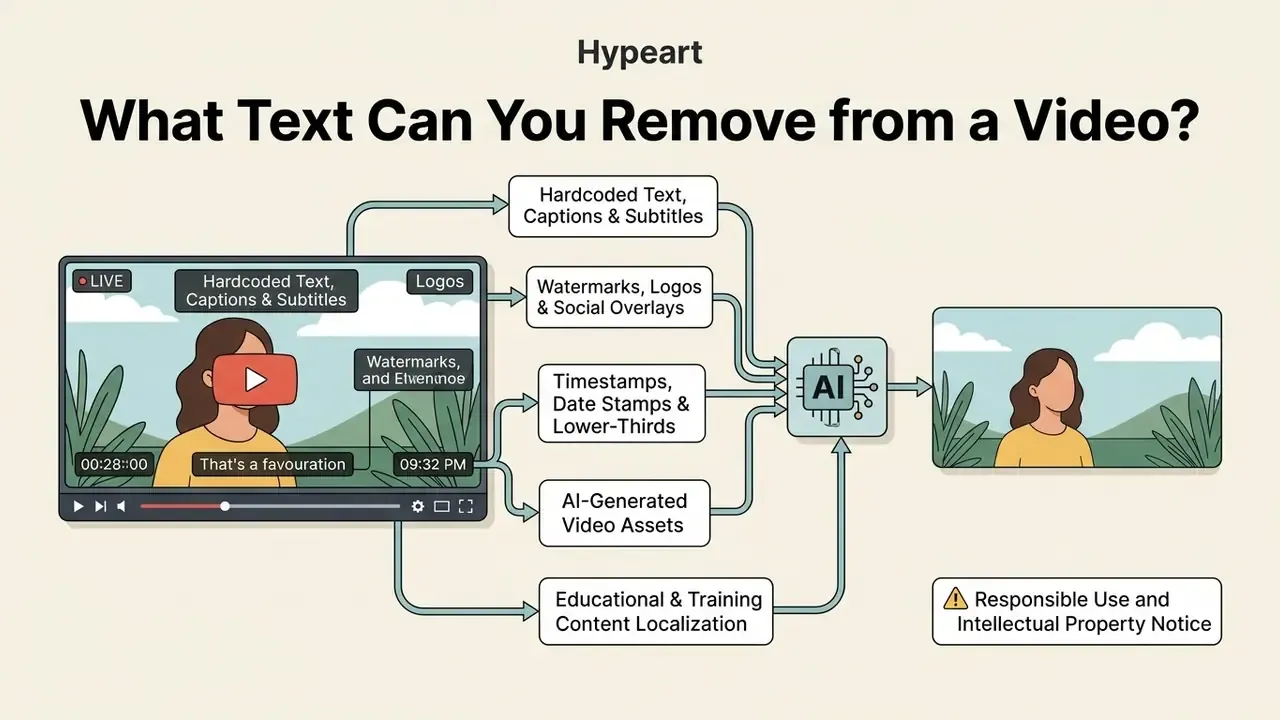 Infographic showing an AI tool processing a video to remove various overlays like logos and timestamps