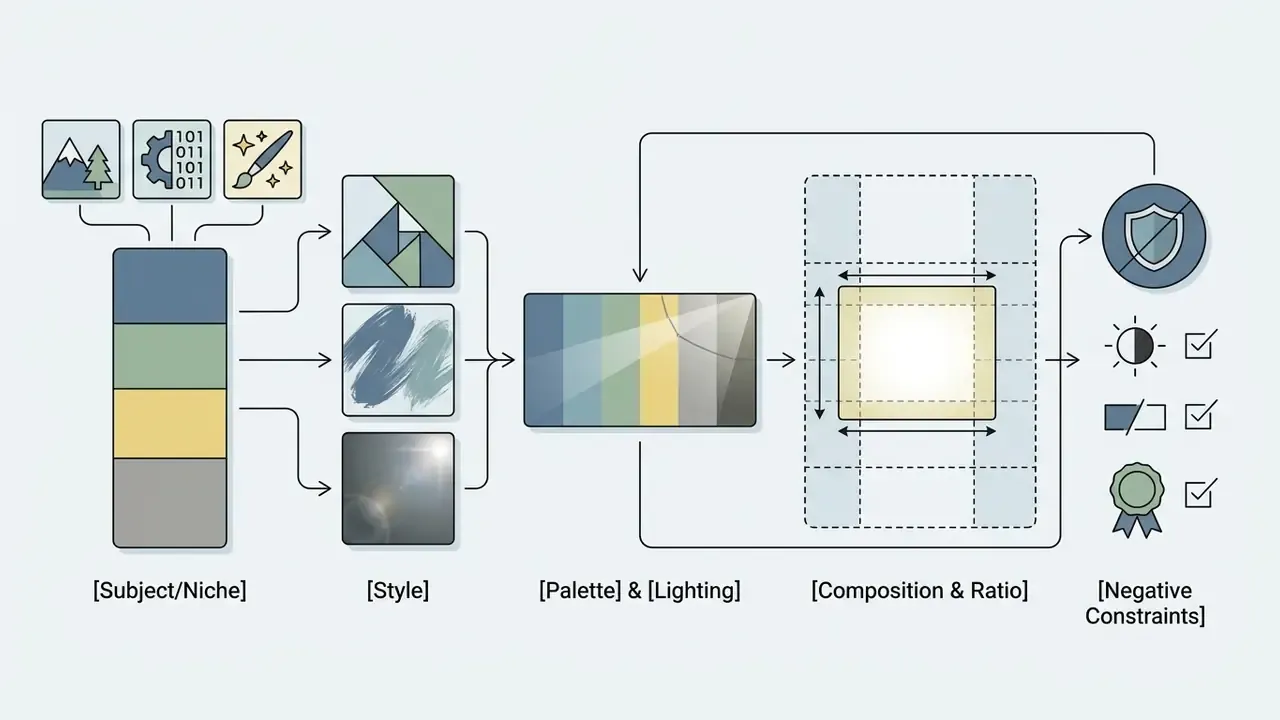Diagram mapping prompt components to visual design elements through a multi-stage generation process