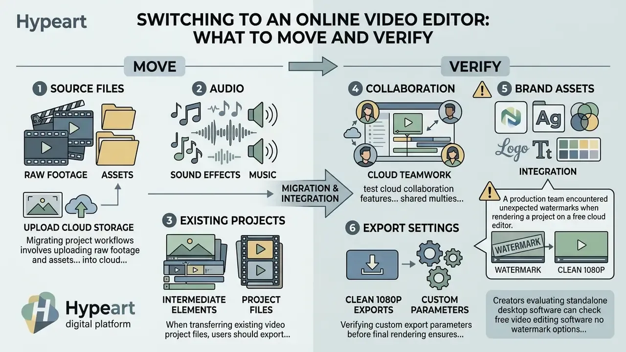 Workflow diagram showing steps to move files and verify settings for a free online video editor no watermark