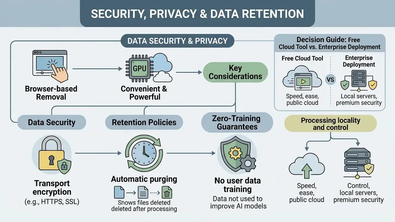 Summary of data security, privacy, and retention considerations for cloud versus enterprise AI tools